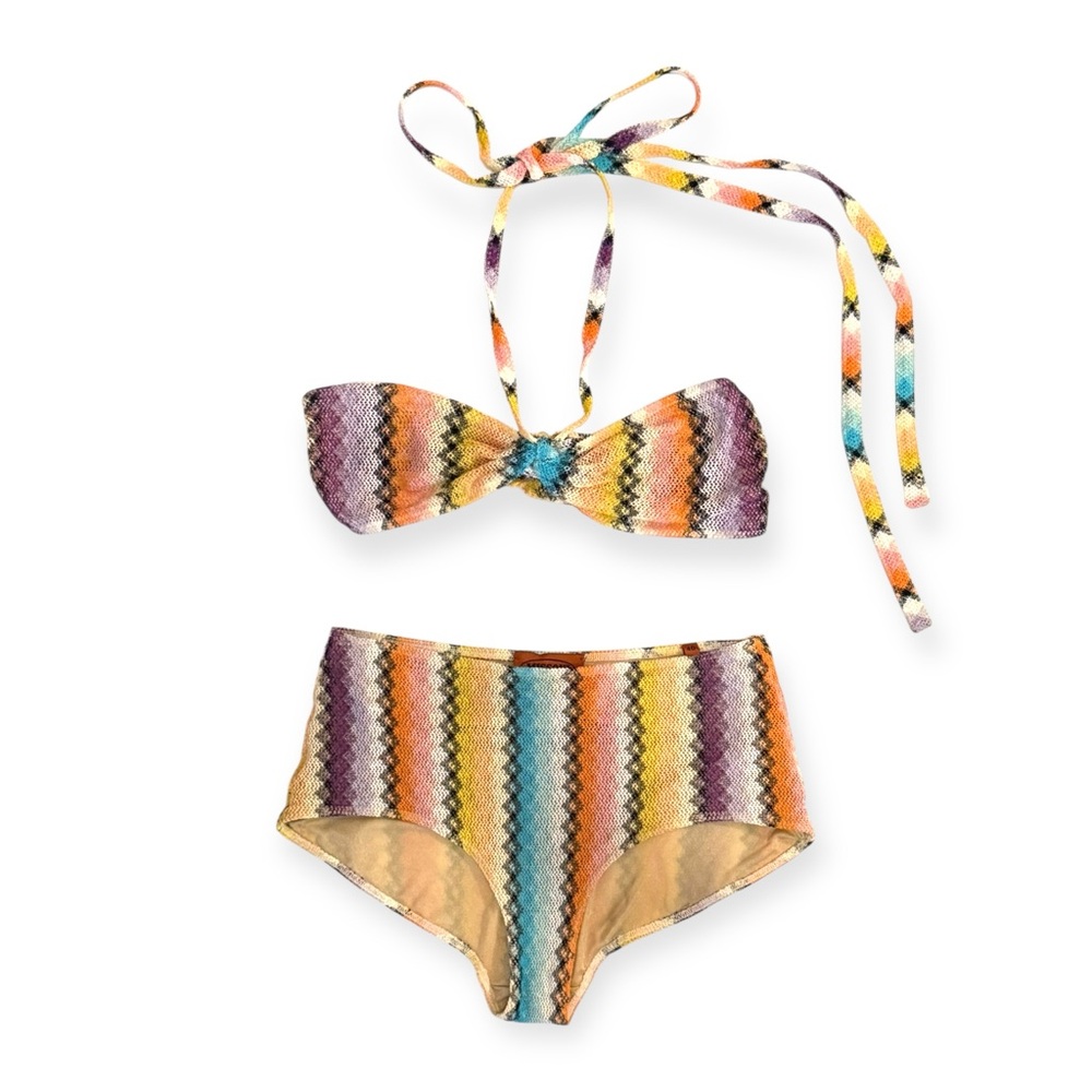 RARE Vintage MISSONI Multicolor Knit Chevron High Waisted Bikini, Size 40 / S